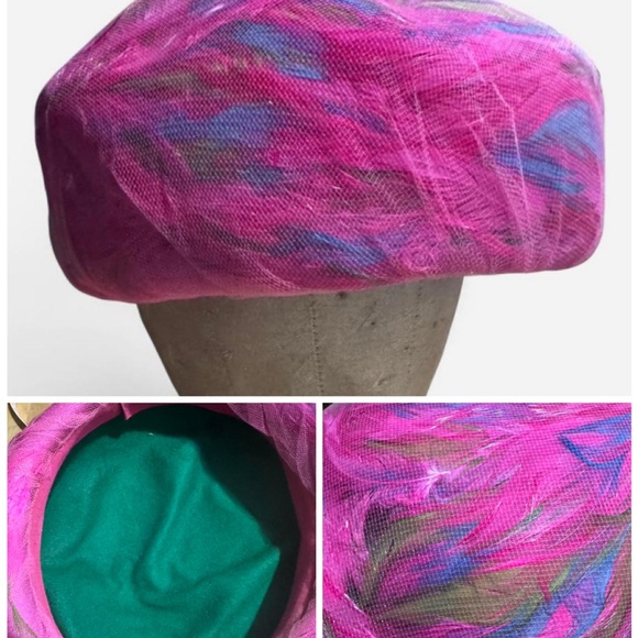 Vintage Pink and purple netted hat Mardi Gras statement, piece, vintage feathers main image 2
